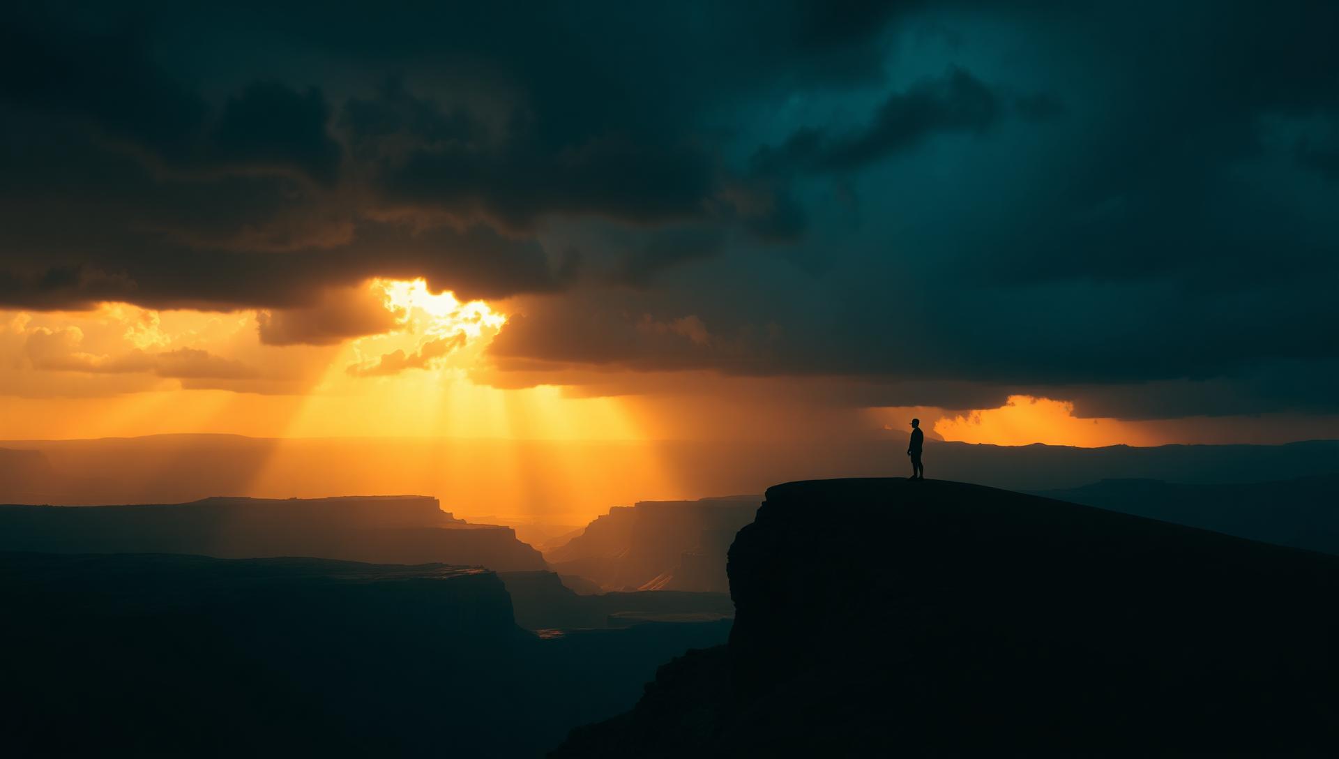 Lone figure on a ridge at sunrise under dramatic storm light
