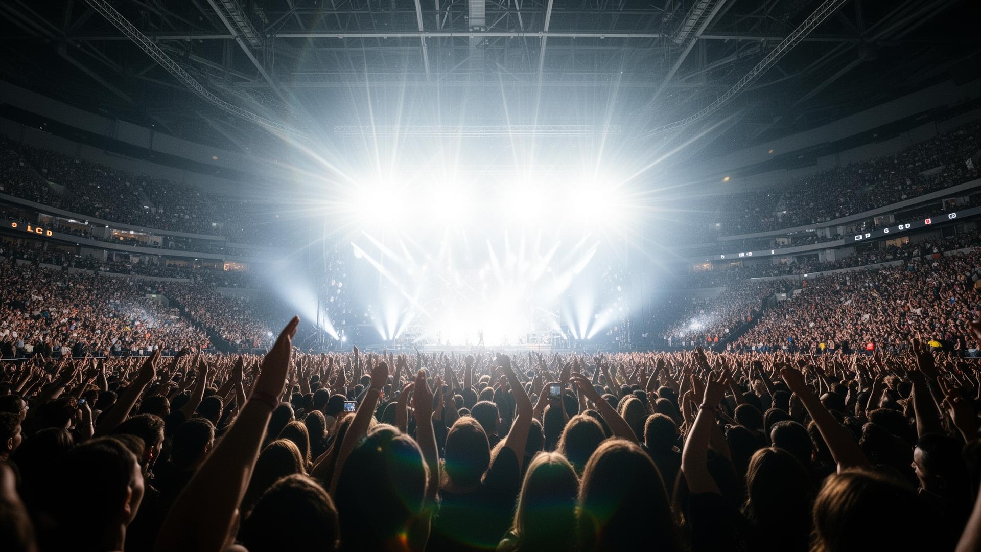 A packed arena with thousands of raised hands and brilliant stage lights